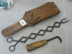 Parcel of vintage items, tongs, vet's tool, clapper etc