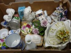 Box of ornamental porcelain including Continental group, Staffs dog etc