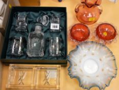 Boxed Cymru commemorative glassware set, cranberry glassware etc