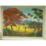 Indistinctly signed oil on canvas - African scene of crop gatherers
