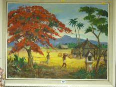 Indistinctly signed oil on canvas - African scene of crop gatherers