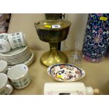 Brass oil lamp with glass bowl shade, Masons Mandalay small oval dish and a pottery rolling pin