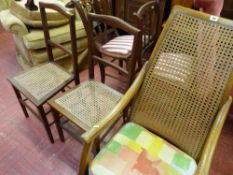 Cane back armchair and two cane seated bedroom chairs