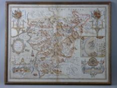 A COLOURED & TINTED MAP OF MERIONETHSHIRE BY JOHN SPEED, Bassett & Chiswell edition, 1610, glazed