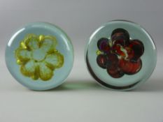 TWO LARGE MDINA GLASS PAPERWEIGHTS, standing circular form with blown flower head interiors, 11