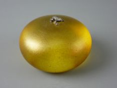 A KRIS HEATON ART GLASS PAPERWEIGHT, iridescent gold colour with applied sterling silver toad,