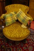 AN EDWARDIAN ROSEWOOD & STRING INLAID TUB TYPE OCCASIONAL CHAIR with a padded back rail and arms and