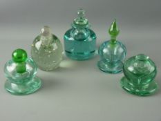 FIVE VICTORIAN GREEN GLASS DUMP INKWELLS, various forms and sizes, most having non-associated