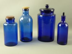 A SUBSTANTIAL BRISTOL BLUE GLASS CHEMIST'S JAR WITH LID (chipping to the rim) and three other