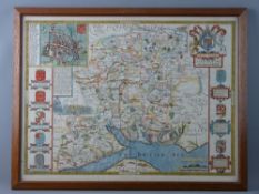 A WELL COLOURED & TINTED MAP OF HAMPSHIRE BY JOHN SPEED, Sudbury & Humble edition, glazed verso,