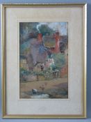 EDWIN FRANCIS watercolour - thatched cottage with poultry on a track, signed, 28 x 18 cms