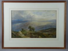 EARLY 20th CENTURY ENGLISH watercolour - Dales landscape with hilltop farmstead by trees, 28 x 46