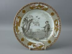 A CHINESE QIANLONG PERIOD EXPORT PORCELAIN PLATE decorated En Grisaille with gilt border, the view