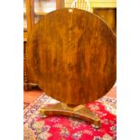 A VICTORIAN ROSEWOOD VENEERED TILT TOP BREAKFAST TABLE, the 113 cms diameter top on a segmented