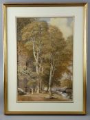 W R ROBINSON watercolour - tree lined river scene with two figures and a dog on a path, signed and