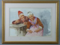 M GIANNI watercolour - two jolly elderly figures, signed and entitled 'Teasing Grandma', 26 x 39