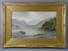 E A STOCK watercolour - lake scene with fisherman and boat, signed and with original Grindley &