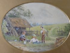 Manner of MYLES BIRKETT FOSTER watercolour, oval format - three children with rabbits etc by a field