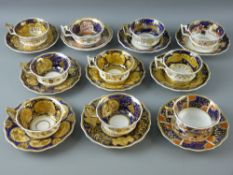 TEN PROBABLY RIDGWAYS CABINET CUPS & SAUCERS, early 19th Century in various gilt cobalt and Imari