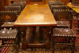 A JOINED OAK REPRODUCTION REFECTORY TABLE & EIGHT LEATHER & BRASS STUDDED BACK JACOBEAN STYLE OAK