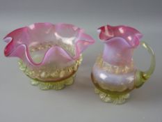 A VICTORIAN GLASS MILK JUG & SUGAR BOWL in mixed vaseline and cranberry glass having fluted rims,
