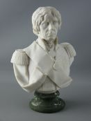 A CARVED ALABASTER BUST OF NELSON, raised on a soccle base, marked 'Fredericks & Nelson' to the