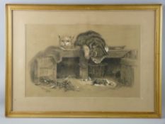 EDITH M HUGHES mixed media - study of two cats and mice, signed and dated 1881, 30 x 48 cms