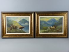 JOEL OWEN oils on canvas, a pair - Highland landscapes with four and three Highland Cattle