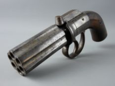 A SIX SHOT SELF COCKING PERCUSSION PEPPER BOX REVOLVER, 7 cms barrel, total length 20 cms with