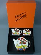 A WEDGWOOD CLARICE CLIFF REVIVAL 'BIZARRE' DECORATED THREE PIECE TEA SERVICE, 'Bonjour' shaped, (