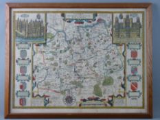 A WELL COLOURED & TINTED MAP OF SURREY BY JOHN SPEED - 'Described by the Travils of John Norden',