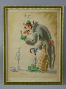 A-M d'ARCY watercolour - humorous depiction of a standing clown and mouse giving a performance,