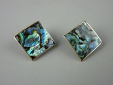 A PAIR OF SQUARE WHITE METAL & ABALONE CLIP EARRINGS