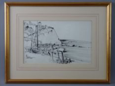 ... BEAR ink/colourwash - busy beach scene with cliff and figures in boats, signed and dated 1955,