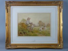 JOSH FISHER watercolour - two young girls in a meadow picking flowers with a patient mother seated