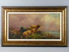 JOEL OWEN oil on canvas - three Highland Cattle calves resting by a lakeside under stormy clouds,