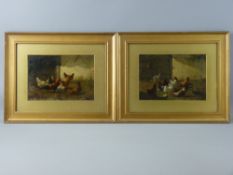 A PAIR OF OILS ON BOARD - well executed studies of chickens within a yard, under glass with gilt