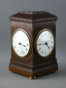 A RARE & UNUSUAL MAHOGANY CASED TWIN FACE MANTEL CLOCK, the angular case with twin enamel dials
