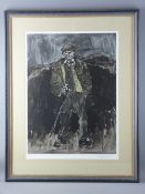 SIR KYFFIN WILLIAMS RA coloured limited edition 14/150 print - old farmer with stick, signed in