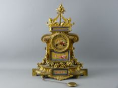 A 19th CENTURY GILT ORMOLU & PORCELAIN PANEL MANTEL CLOCK having a pendulum drive Japy Freres bell