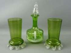 A MARY GREGORY STYLE GREEN GLASS DECANTER & STOPPER with a pair of undecorated green glass vases, 28