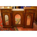 AN INLAID WALNUT CONTINENTAL SIDE CABINET, shaped top twin pedestal with single drawer and