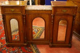 AN INLAID WALNUT CONTINENTAL SIDE CABINET, shaped top twin pedestal with single drawer and