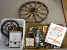 MOTORING INTEREST - a collection of vintage motoring items including a wooden spoke and iron wheel