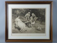 EARLY 19th CENTURY sepia print - mother and children playing on a see-saw with an excited puppy,