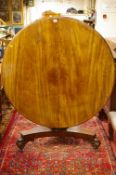 A VICTORIAN MAHOGANY CIRCULAR TILT TOP BREAKFAST TABLE, the 119 cms diameter top having a brass