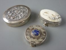 THREE DECORATIVE PILL BOXES marked '800' or 'Silver', one with bone lidded panel, carved and