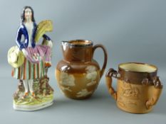 TWO PIECES OF DOULTON LAMBETH STONEWARE and a Staffordshire flatback figure, a harvester style jug