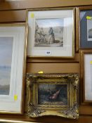A framed watercolour of three sailors & vessels beyond together with a reproduction print of a