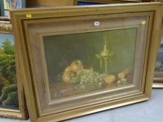 A framed oil on canvas furnishing painting of still life, indistinctly signed